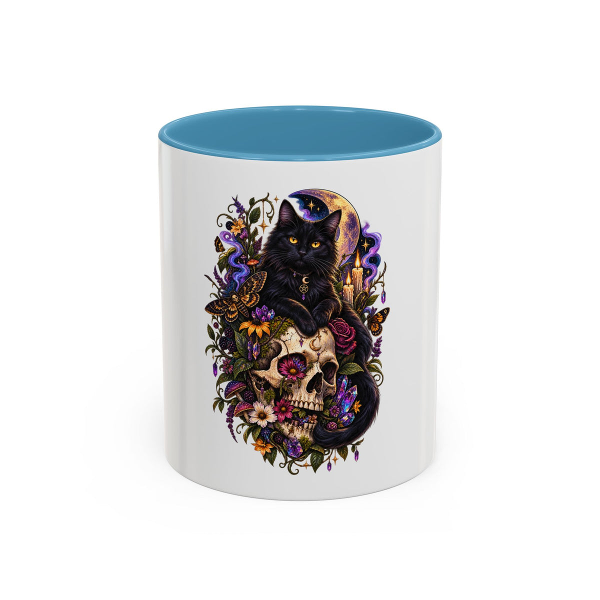 Black Cat & Skull Floral Accent Coffee Mug — Gothic Halloween Coffee Cup (11/15oz)