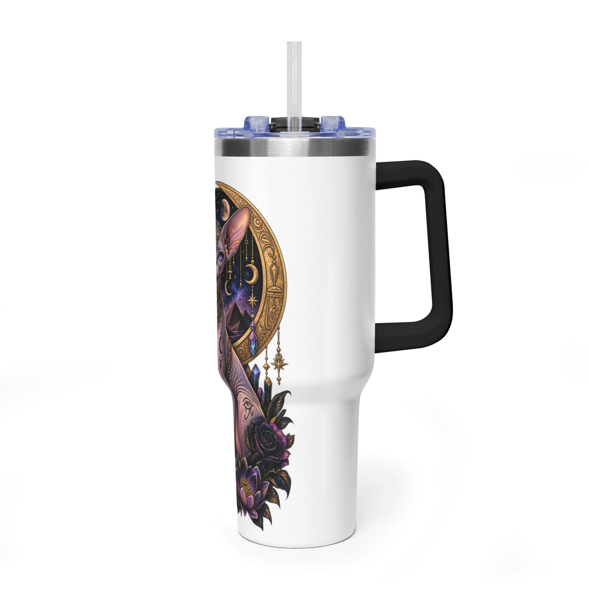 40oz Sphynx Cat Tumbler — Mystical Moon Vacuum Insulated Travel Mug