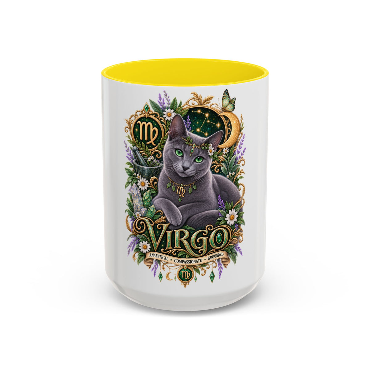 Virgo Russian Blue Cat Accent Coffee Mug — Zodiac Astrology Horoscope Gift (11/15 oz)