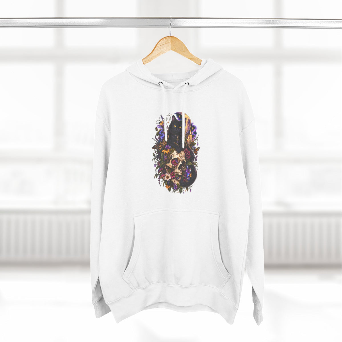 Skull Black Cat Hoodie — Romantic Gothic Floral Skull Graphic Fleece Pullover
