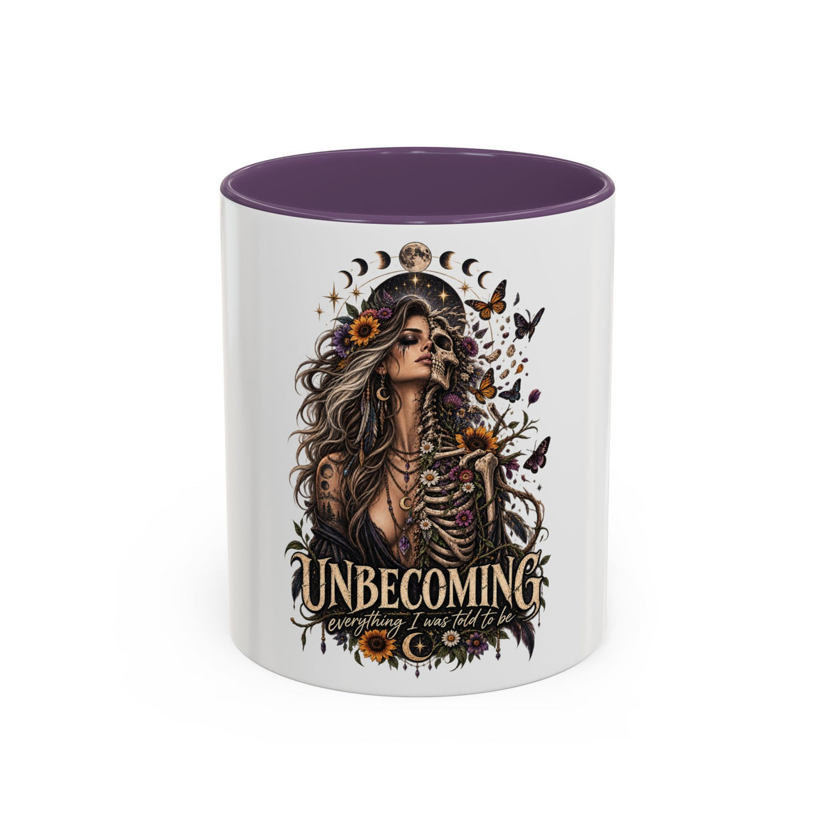 Unbecoming Empowerment Coffee Mug — Sunflowers Woman Skeleton & Moon Phases 11/15oz Accent Mug