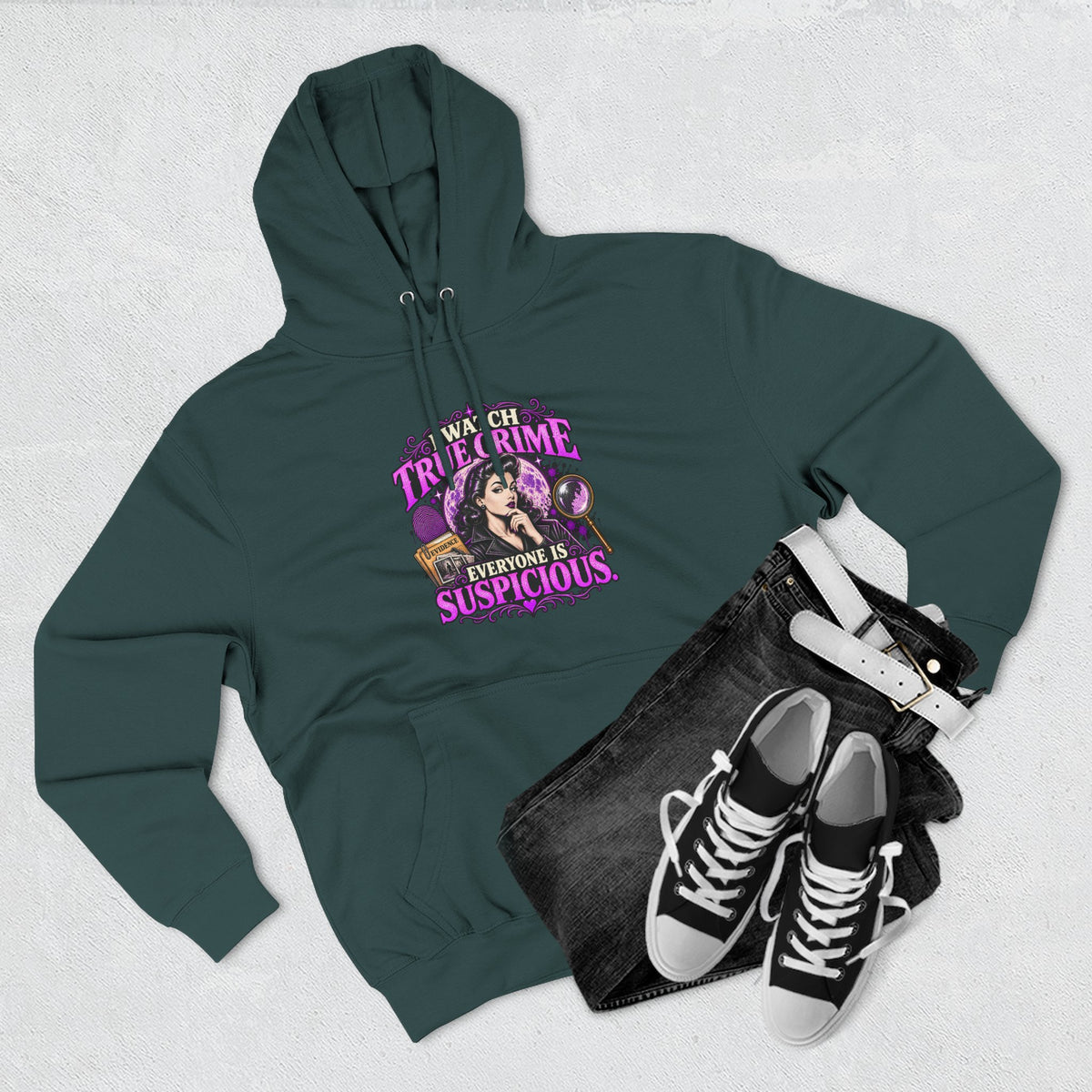 True Crime Hoodie — “Everyone Is Suspicious” Graphic Pullover