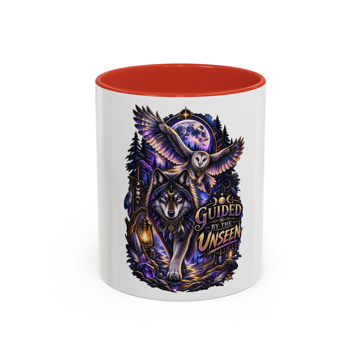 Guided by the Unseen Coffee Mug — Wolf & Owl Spirit Animal Accent Mug (11/15oz)