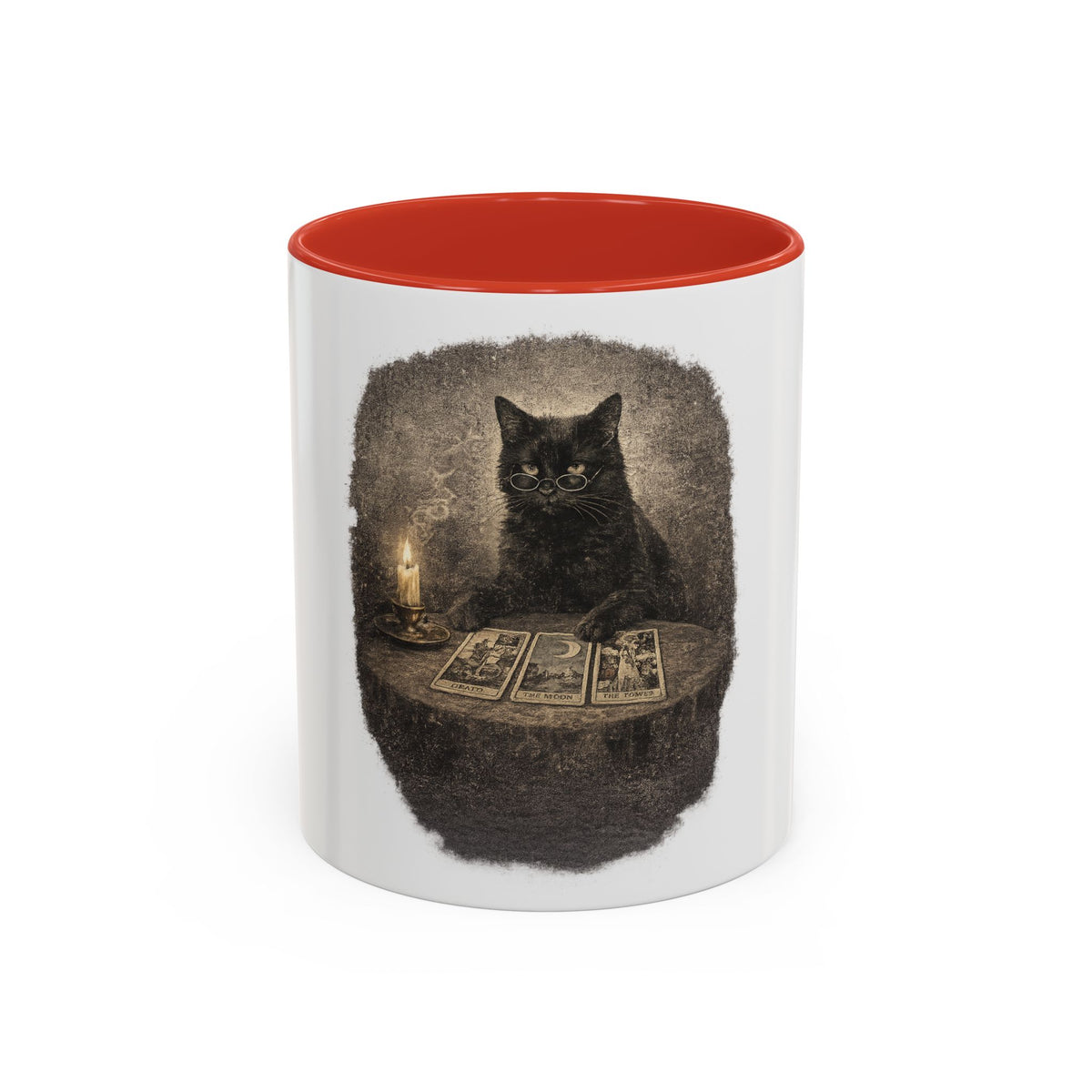 Tarot Cat Accent Coffee Mug — Witchy Black Cat with Tarot Cards