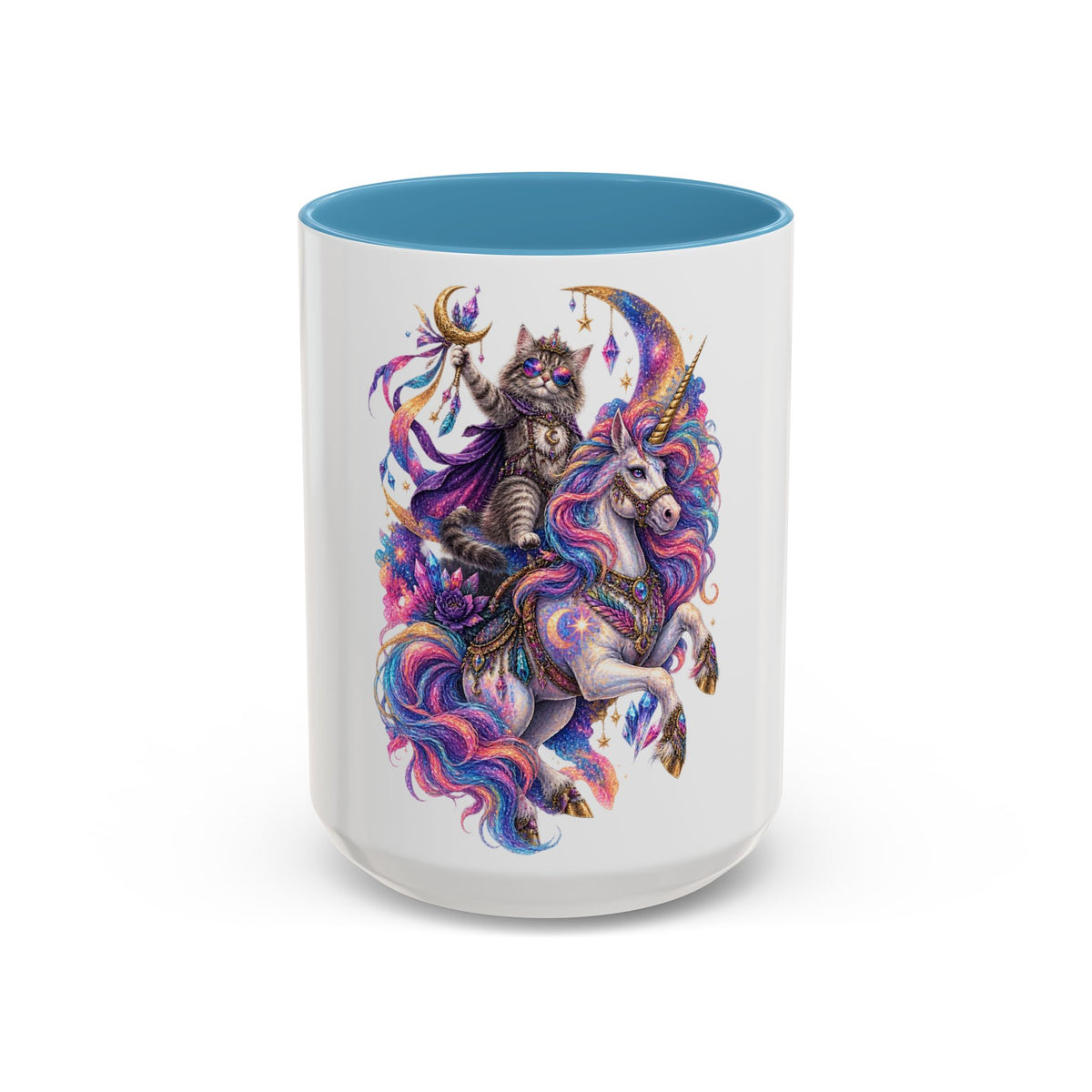 Magical Cat Knight on Unicorn Accent Coffee Mug — Colorful Fantasy 11/15oz