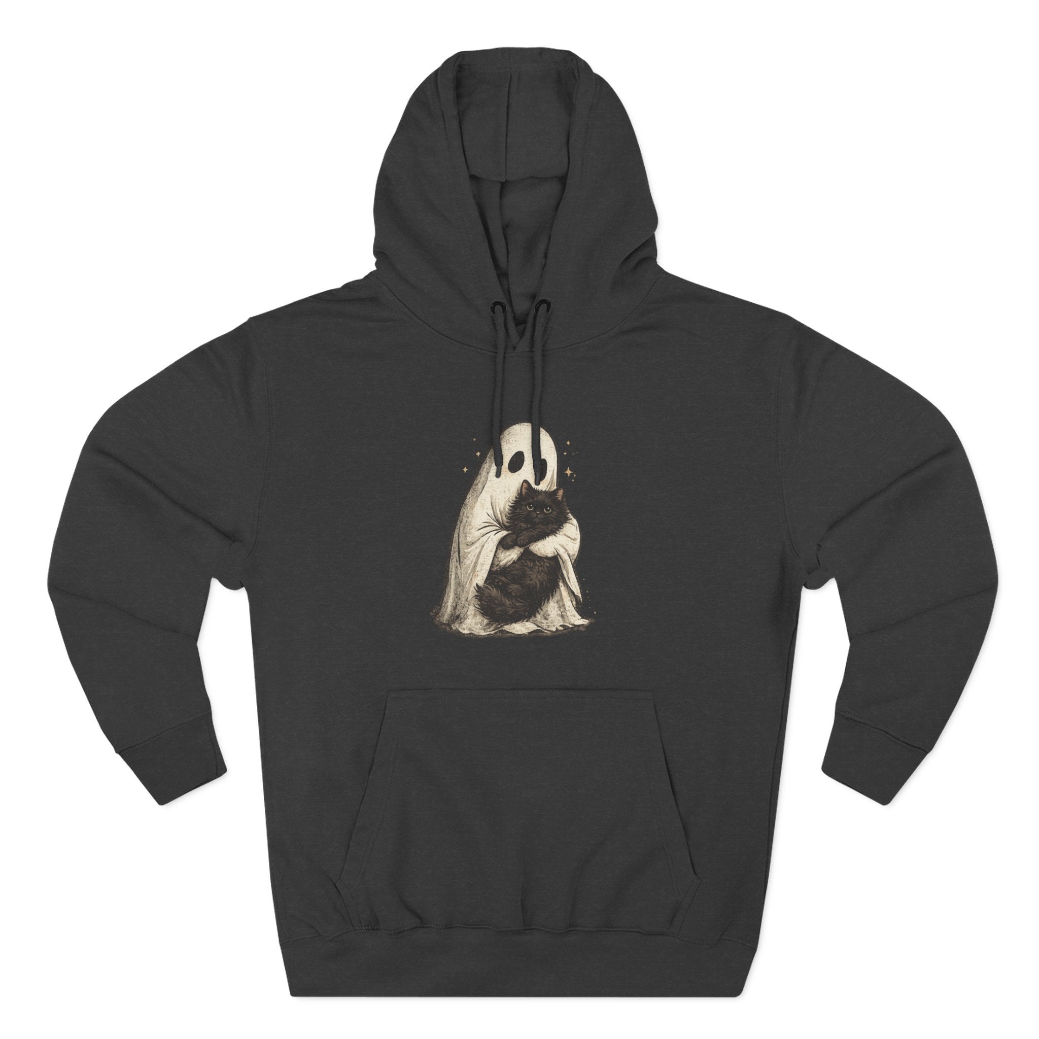 Ghost Hugging Black Cat Fleece Hoodie — Cute Ghost Hugging Black Cat Cozy Pullover