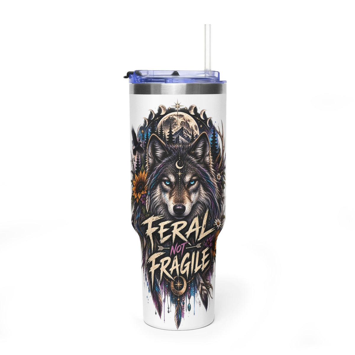 40oz Wolf Tumbler — “Feral Not Fragile” Insulated Thermal Cup
