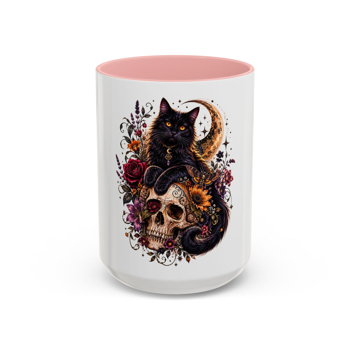 Cat & Skull Accent Coffee Mug — Gothic Black Cat Art Coffee Cup (11/15oz)