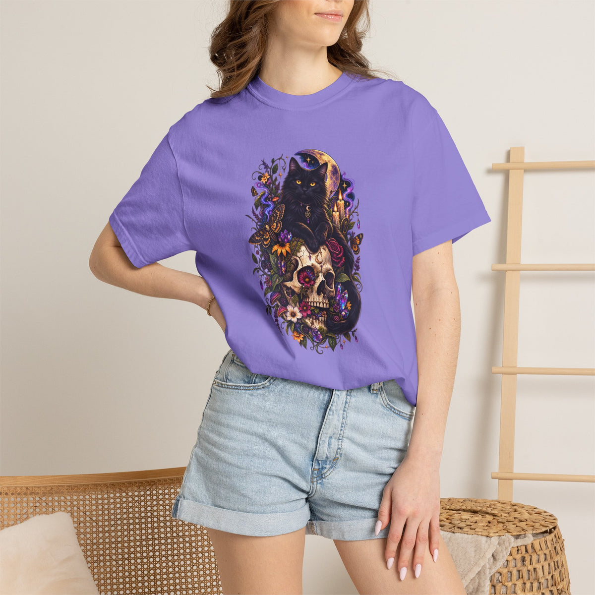 Skull & Black Cat Gothic T-Shirt — Dark Floral Day of the Dead Style