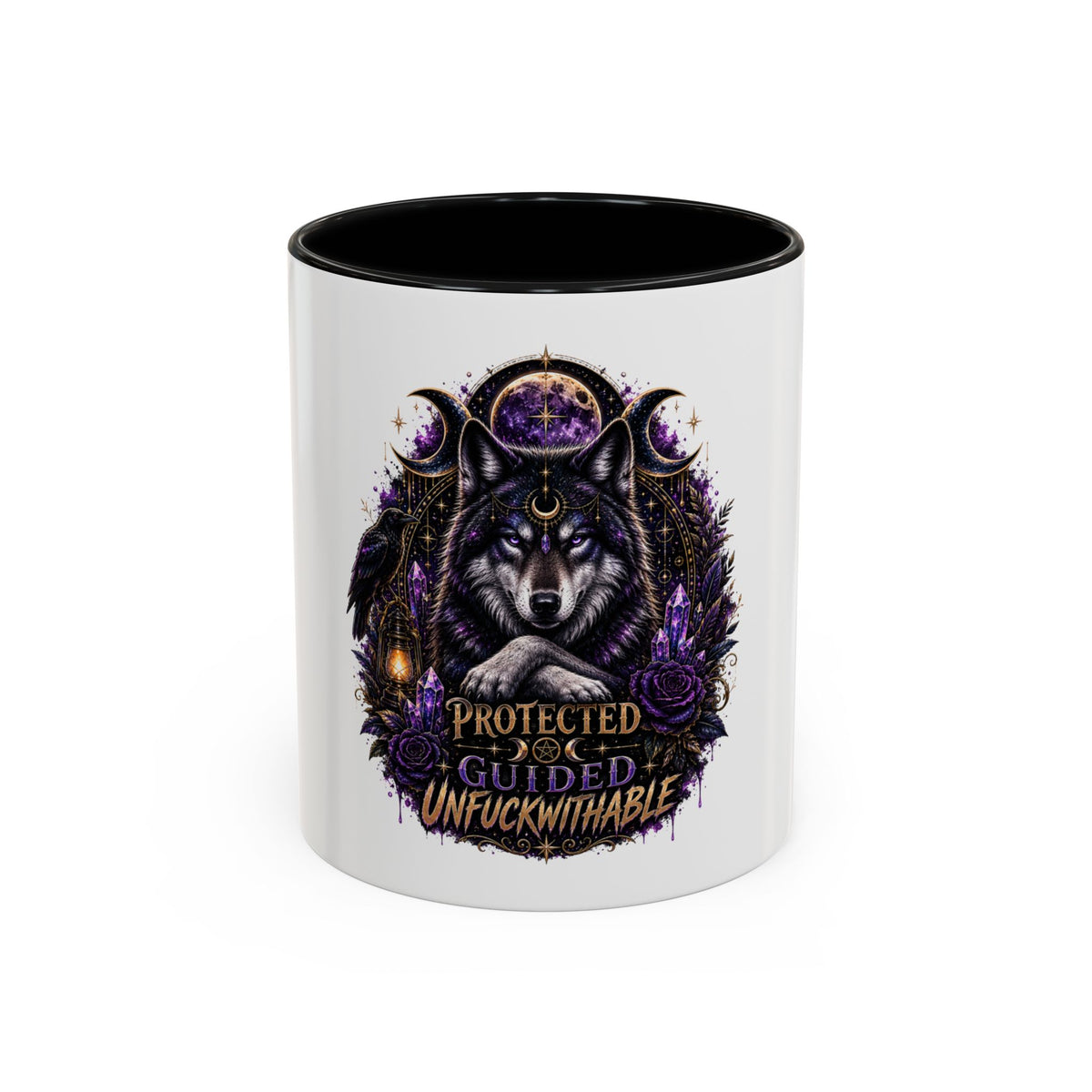 Protected, Guided & Unfuckwithable Wolf Coffee Mug — Spiritual Mystic Accent Mug (11/15oz)