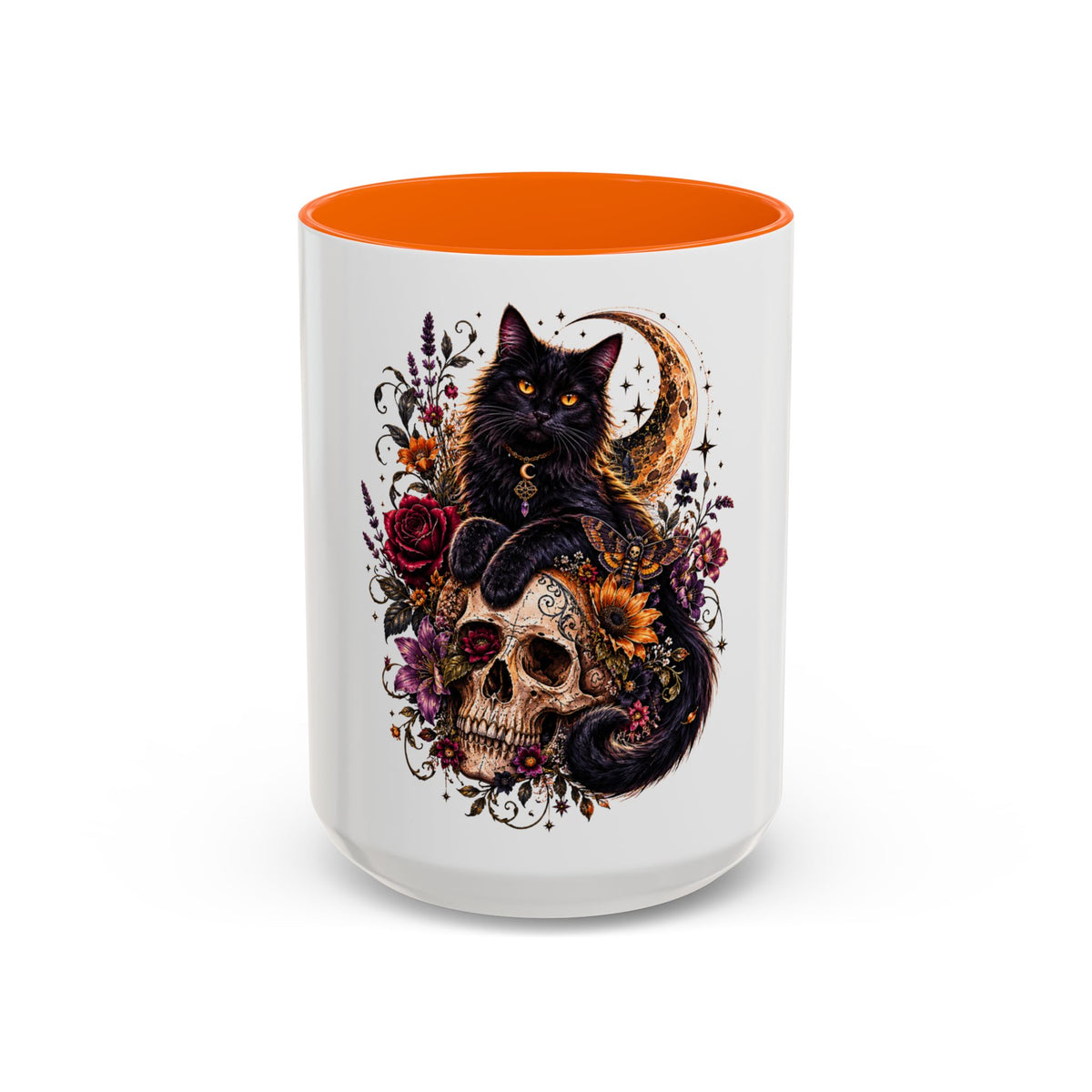 Cat & Skull Accent Coffee Mug — Gothic Black Cat Art Coffee Cup (11/15oz)