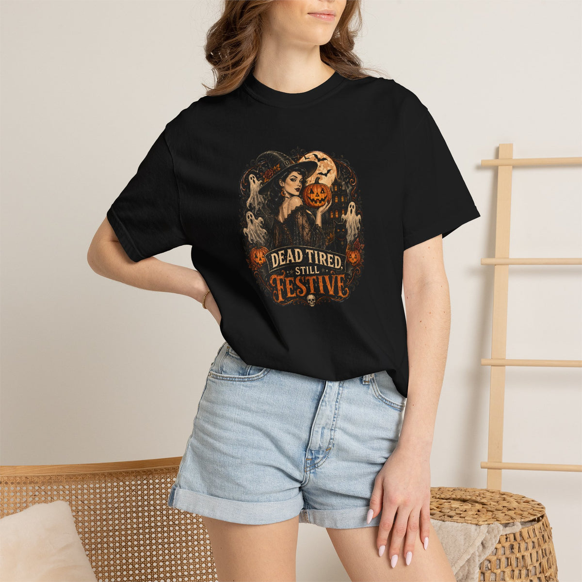 Halloween Graphic T-Shirt — "Dead Tired but Festive" Vintage Horror Pumpkin Tee