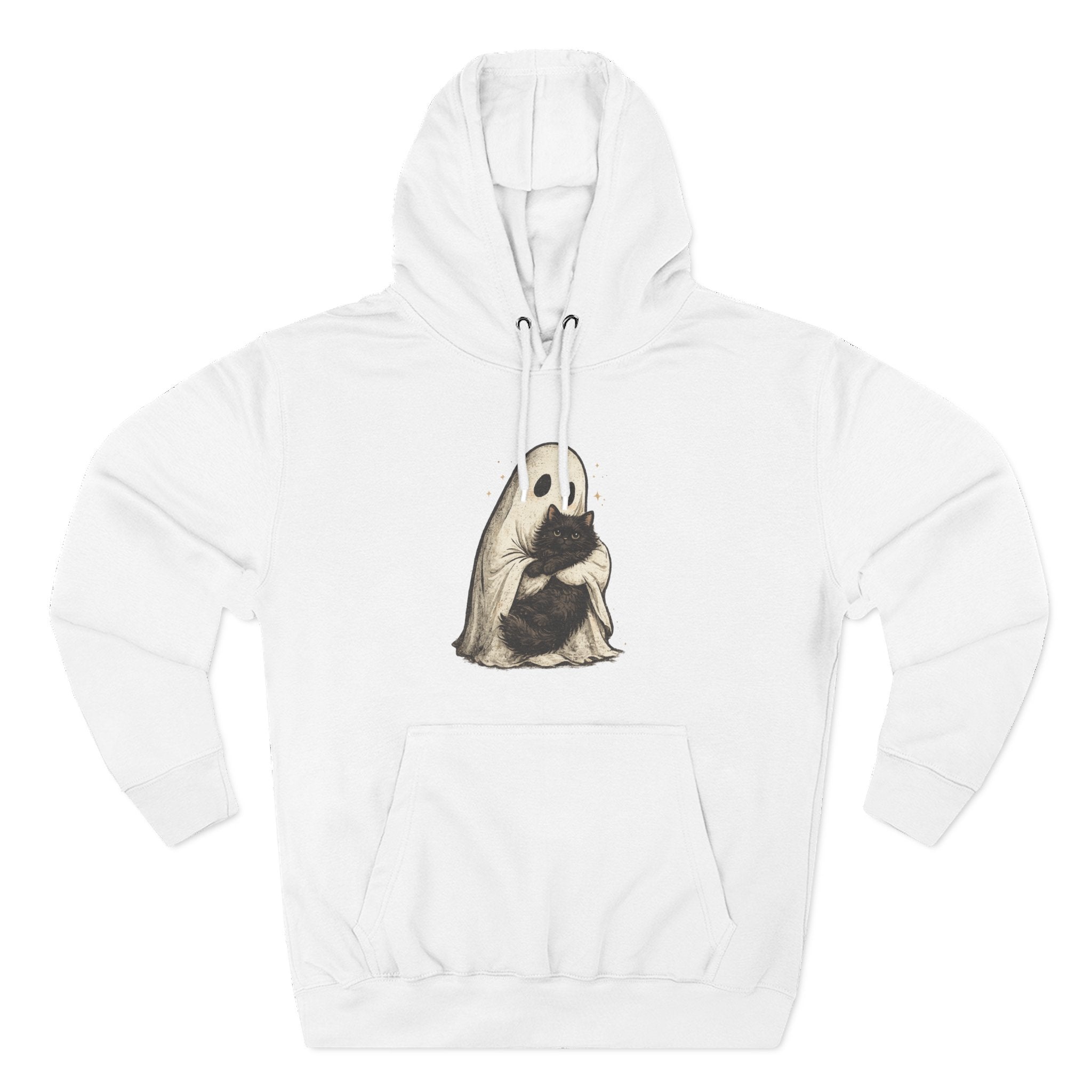 Ghost Hugging Black Cat Fleece Hoodie — Cute Ghost Hugging Black Cat Cozy Pullover