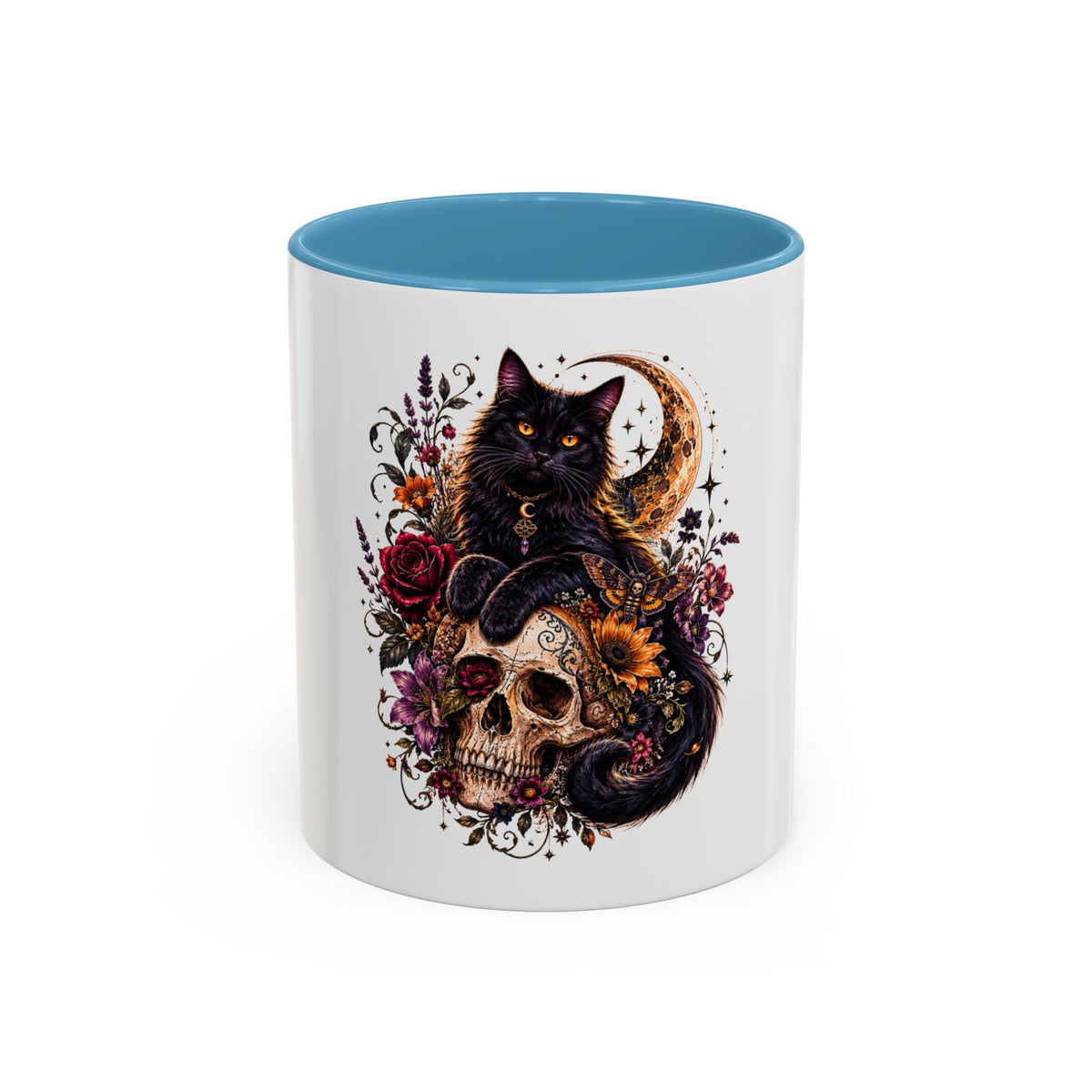 Cat & Skull Accent Coffee Mug — Gothic Black Cat Art Coffee Cup (11/15oz)