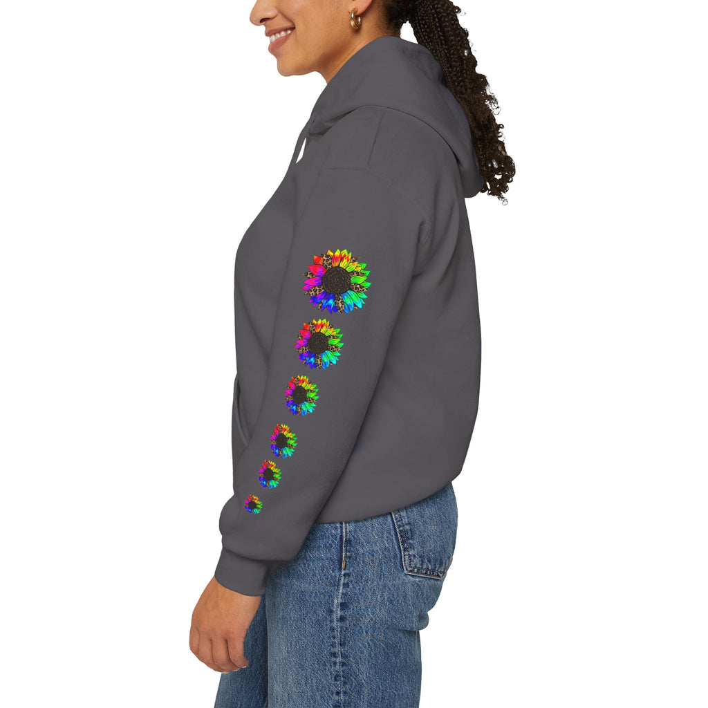 Inspirational Floral Hoodie – "Your Smile is Kind & Beautiful" Rainbow Sunflower Cozy Pullover