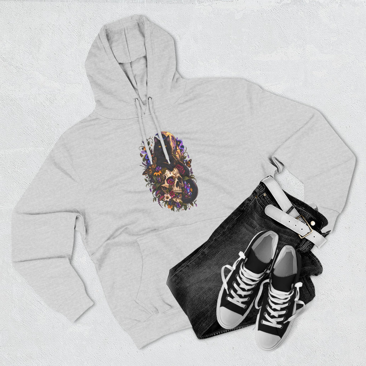 Skull Black Cat Hoodie — Romantic Gothic Floral Skull Graphic Fleece Pullover