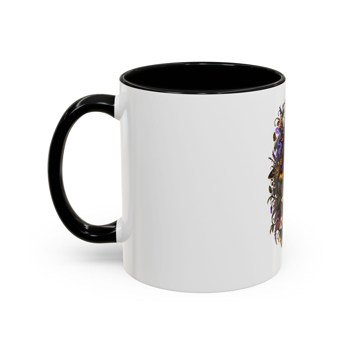 Black Cat & Skull Floral Accent Coffee Mug — Gothic Halloween Coffee Cup (11/15oz)