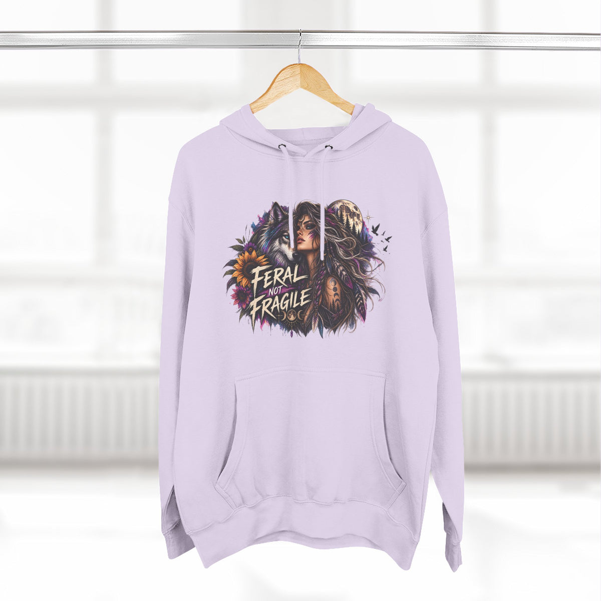 Feral Not Fragile Wolf & Woman Graphic Hoodie — Wildlife Fleece Pullover