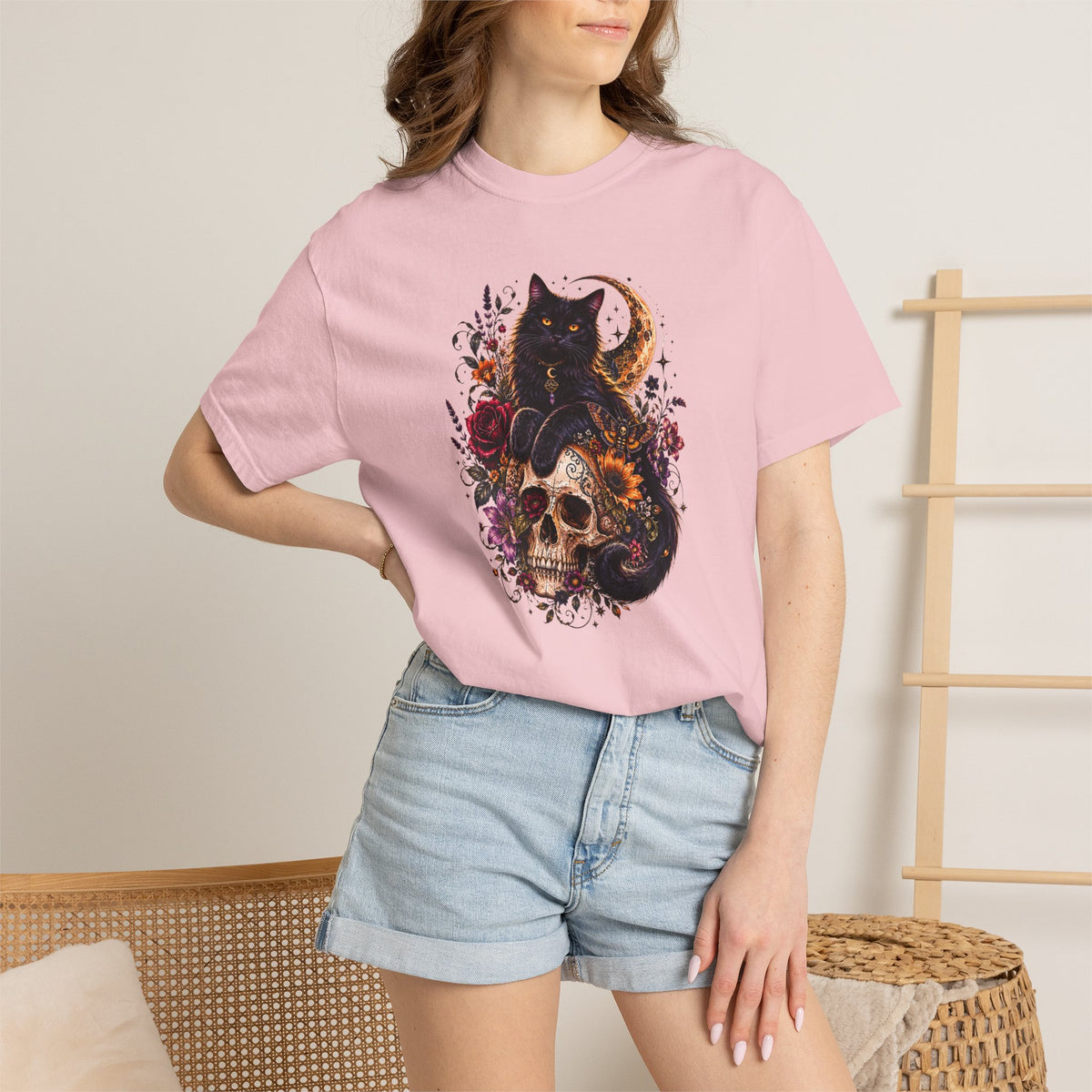 Cat & Skull Gothic T-Shirt — Black Cat Moon Floral Graphic Tee