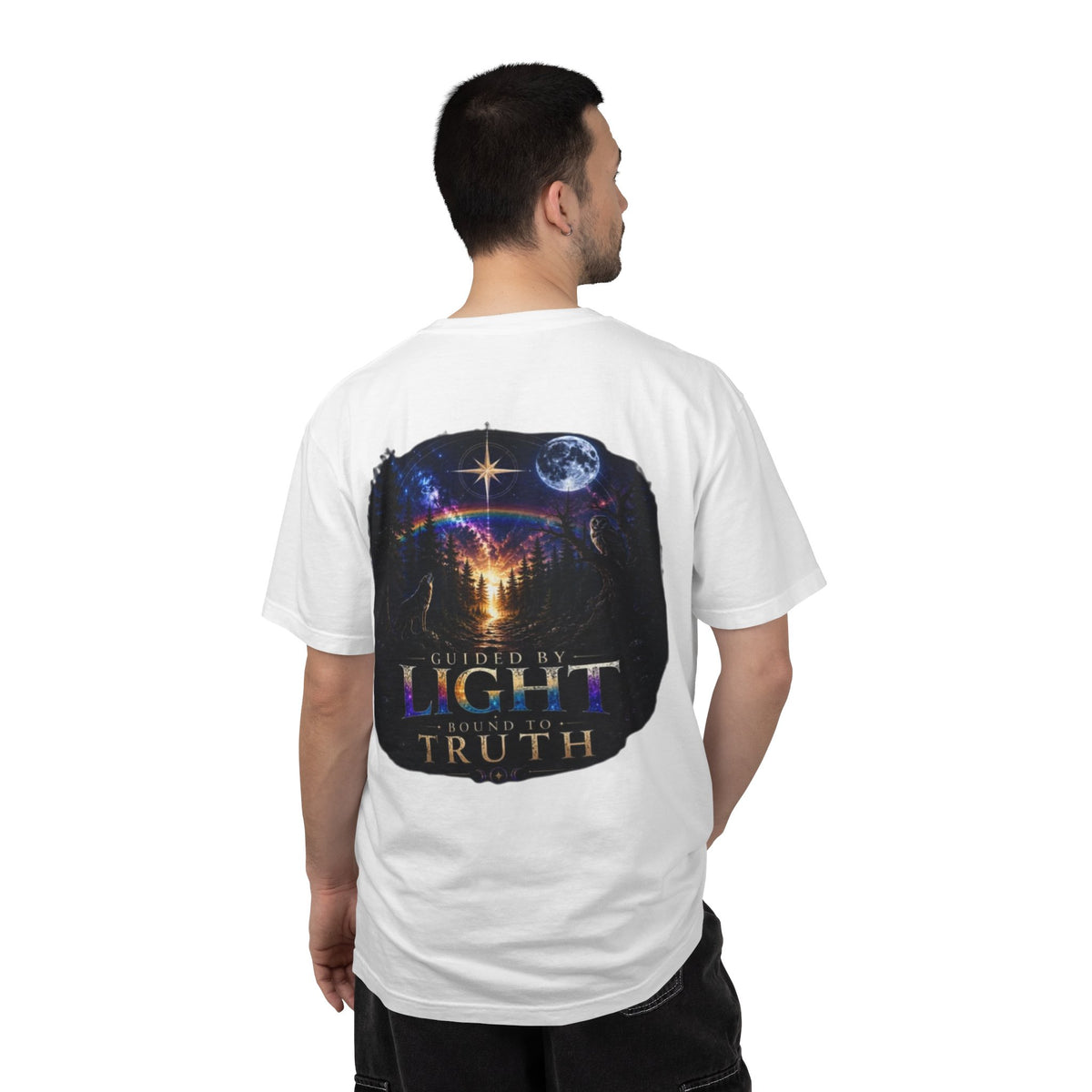T-Shirt — "Guided by Light, Bound to Truth" Cosmic Forest Graphic