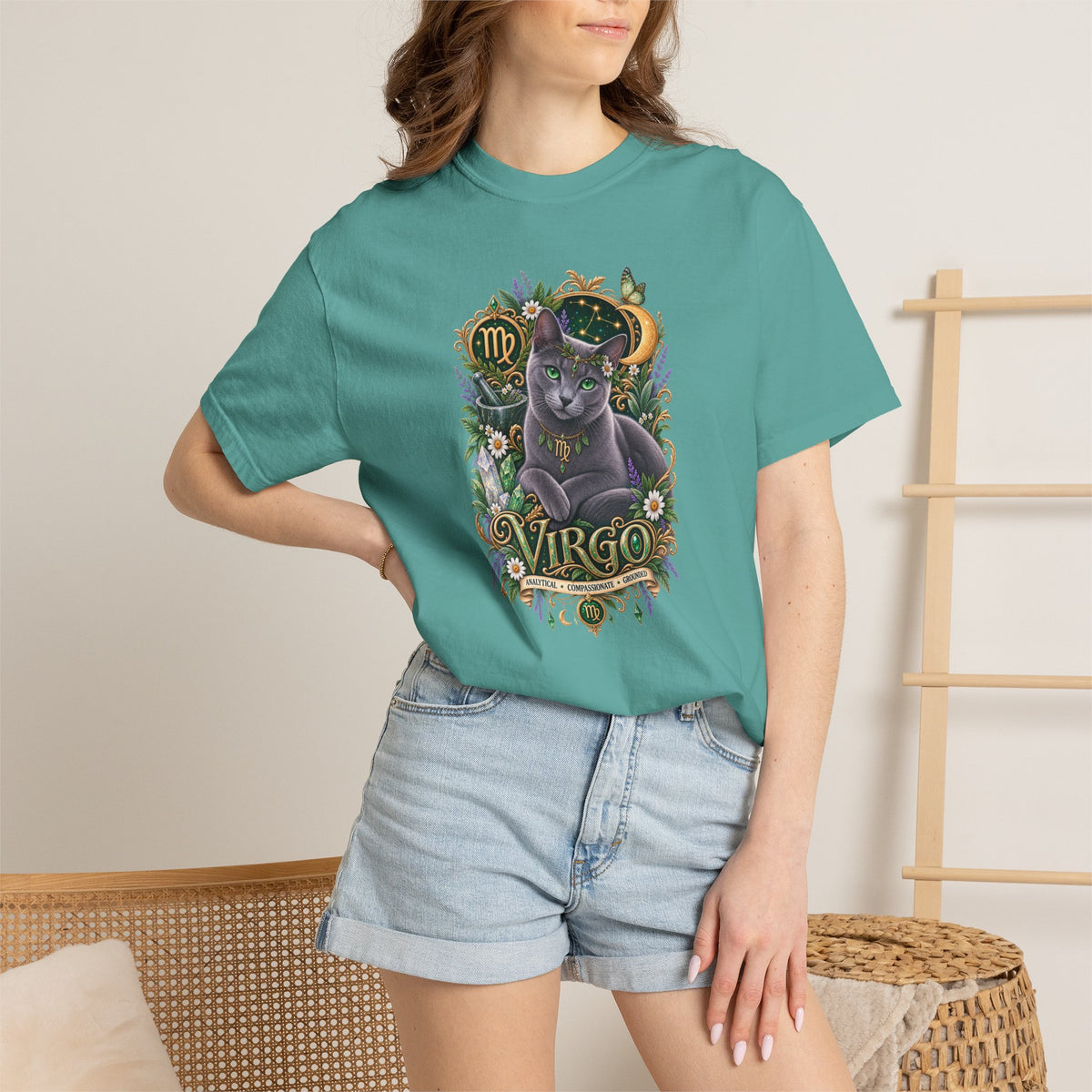 Virgo Cat Zodiac T-Shirt — Virgo Astrology Tee with Russian Blue & Floral Design