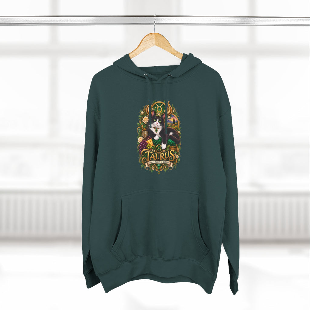 Taurus Tuxedo Cat Zodiac Hoodie — Earthy Bull Constellation Graphic Fleece Pullover