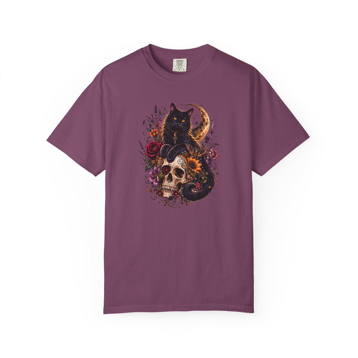 Cat & Skull Gothic T-Shirt — Black Cat Moon Floral Graphic Tee
