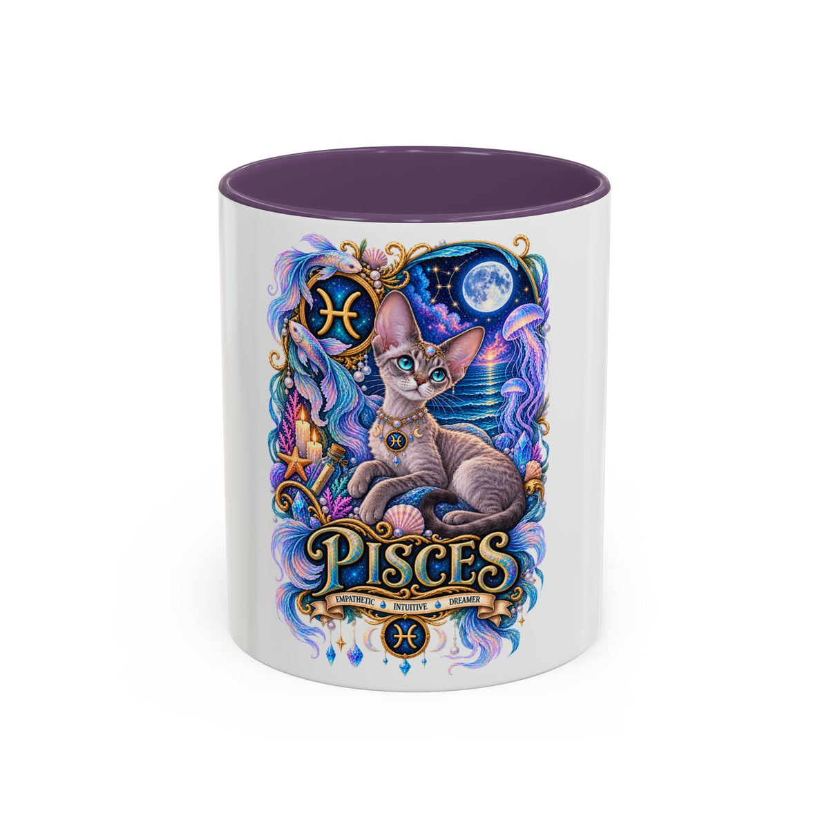 Pisces Devon Rex Cat Accent Coffee Mug — Zodiac Astrology Ceramic Mug (11/15oz)
