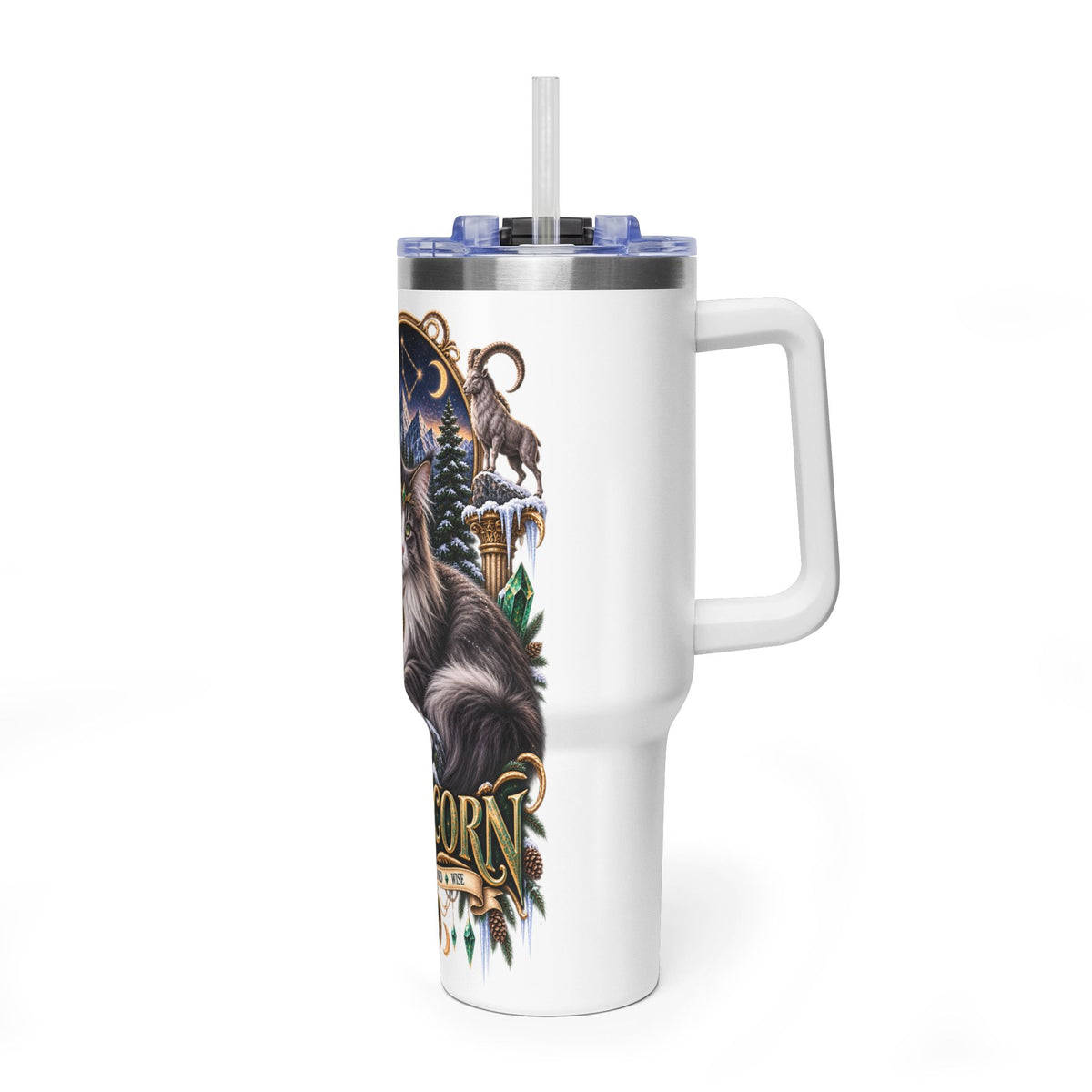 Capricorn Norwegian Forest Cat 40oz Vacuum Tumbler — Zodiac Travel Mug with Handle