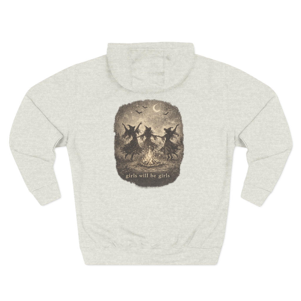 Witchy Trio Graphic Hoodie – 'Girls Will Be Girls' Vintage Moonback Sweatshirt