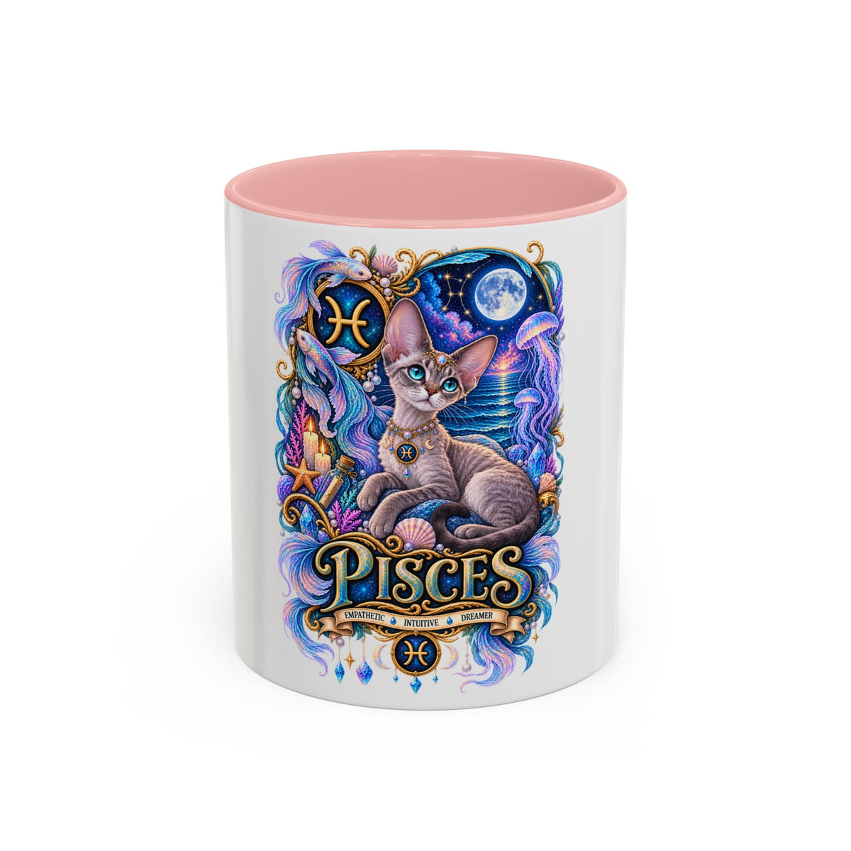 Pisces Devon Rex Cat Accent Coffee Mug — Zodiac Astrology Ceramic Mug (11/15oz)