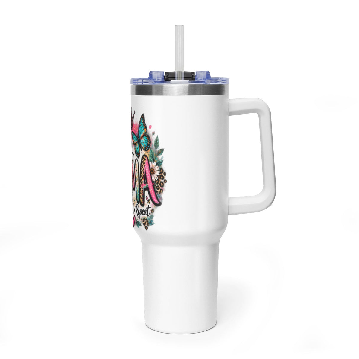 40oz Mama Tumbler – Floral Crown, Butterfly & 'Mama' Design Vacuum Thermal Mug