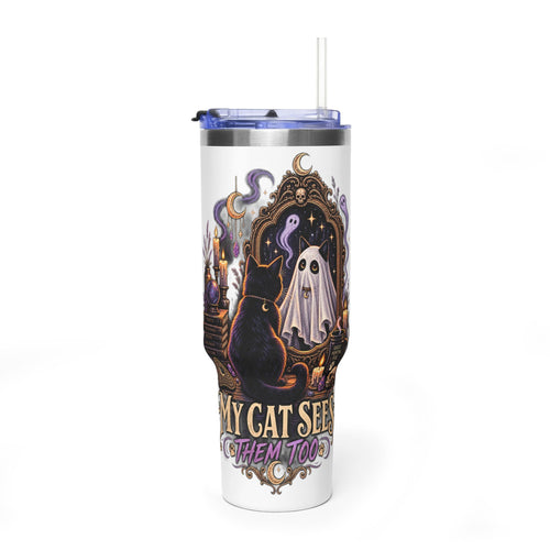 40oz Halloween Cat Tumbler – “My Cat Sees Them Too” Vacuum Insulated Travel Mug