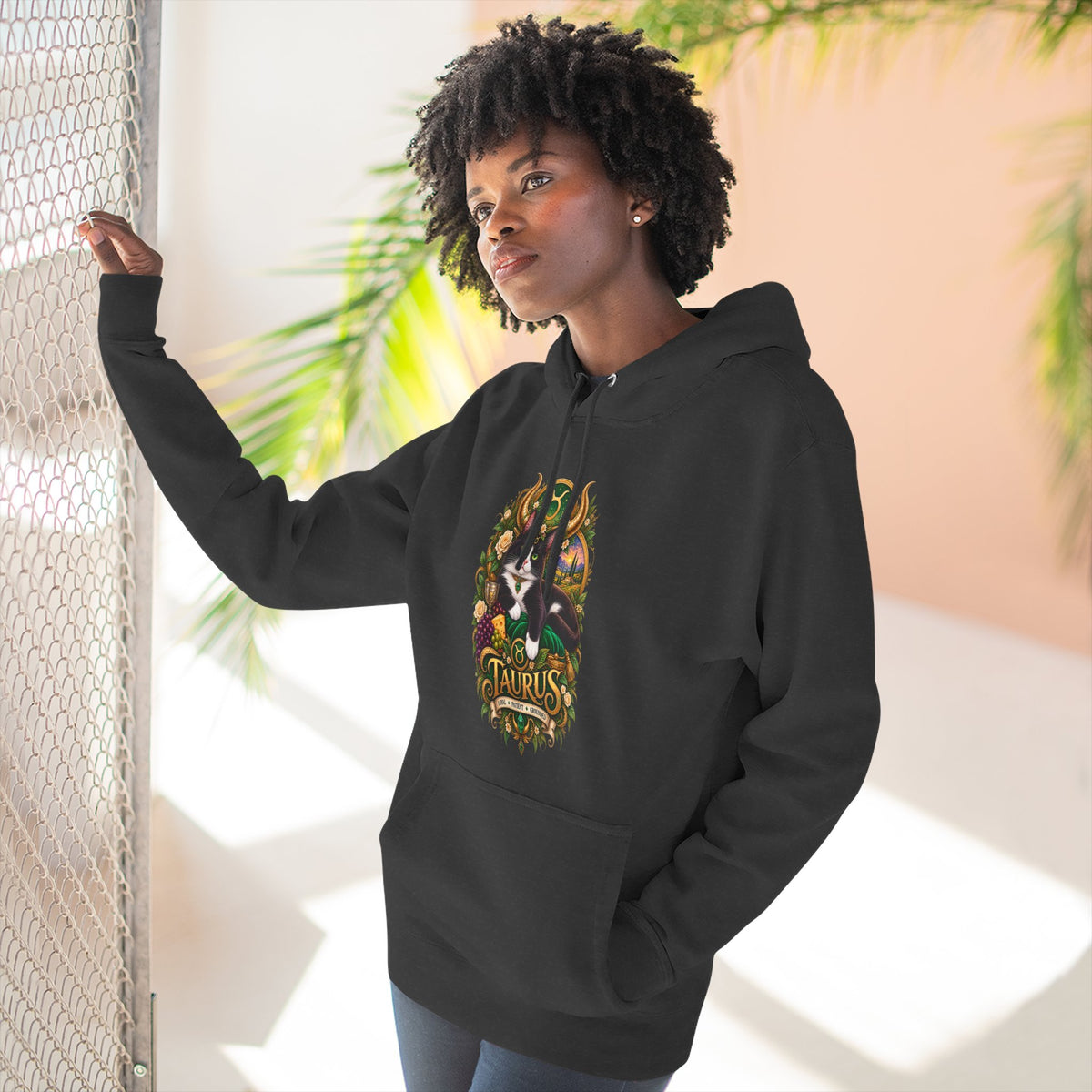 Taurus Tuxedo Cat Zodiac Hoodie — Earthy Bull Constellation Graphic Fleece Pullover
