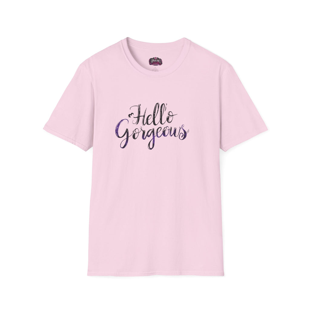 T-Shirt — "Hello Gorgeous" Purple Black Script Graphic Tee