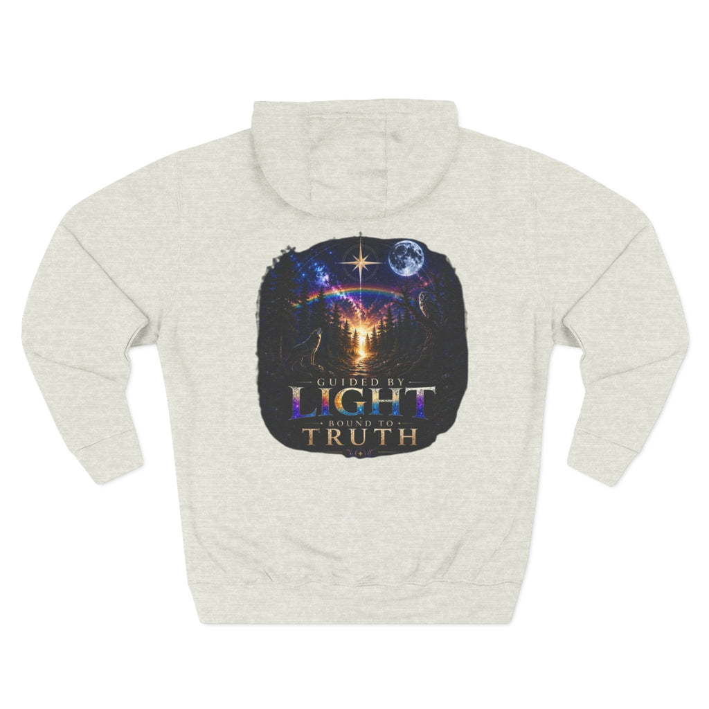 Guided by Light Bound toTruth Fleece Hoodie — Spiritual Galaxy Chest Emblem & Backscape Design