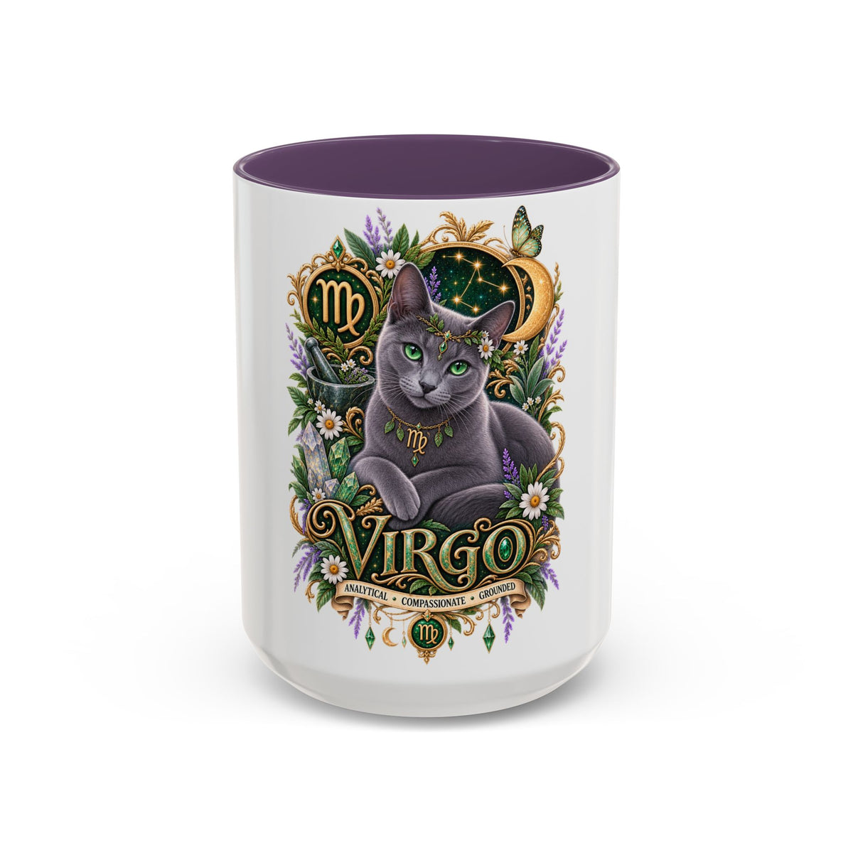 Virgo Russian Blue Cat Accent Coffee Mug — Zodiac Astrology Horoscope Gift (11/15 oz)
