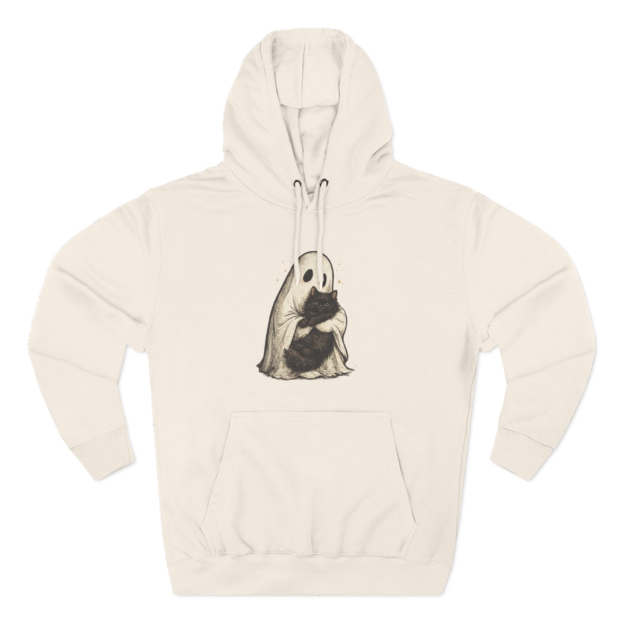 Ghost Hugging Black Cat Fleece Hoodie — Cute Ghost Hugging Black Cat Cozy Pullover