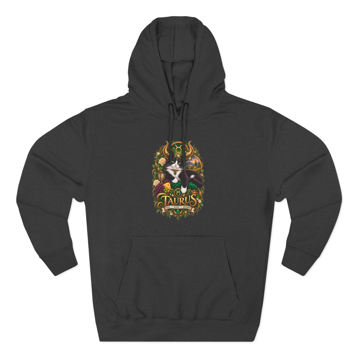 Taurus Tuxedo Cat Zodiac Hoodie — Earthy Bull Constellation Graphic Fleece Pullover