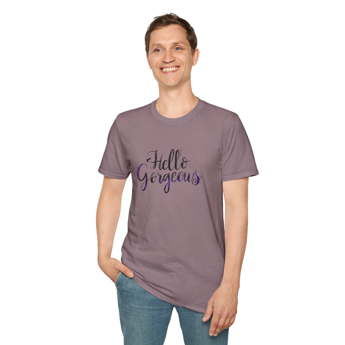 T-Shirt — "Hello Gorgeous" Purple Black Script Graphic Tee