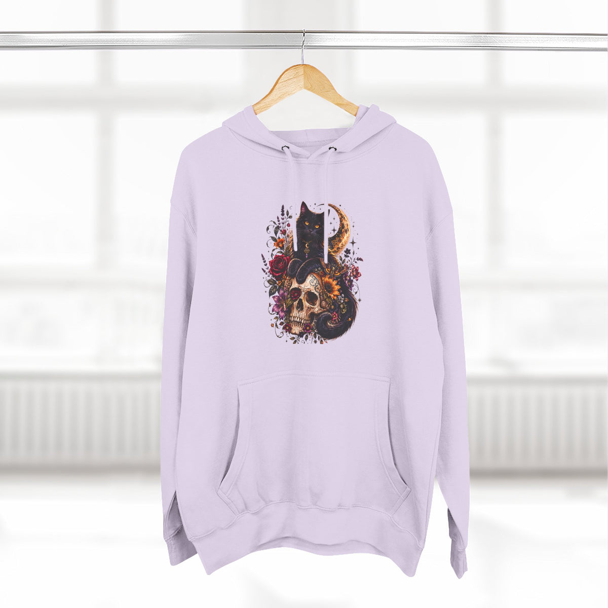 Skull & Cat Hoodie — Romantic Gothic Celestial Moon Graphic Fleece Pullover