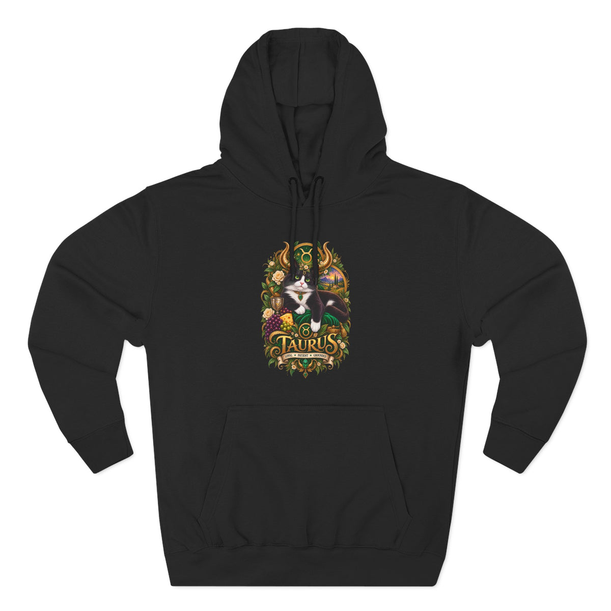 Taurus Tuxedo Cat Zodiac Hoodie — Earthy Bull Constellation Graphic Fleece Pullover