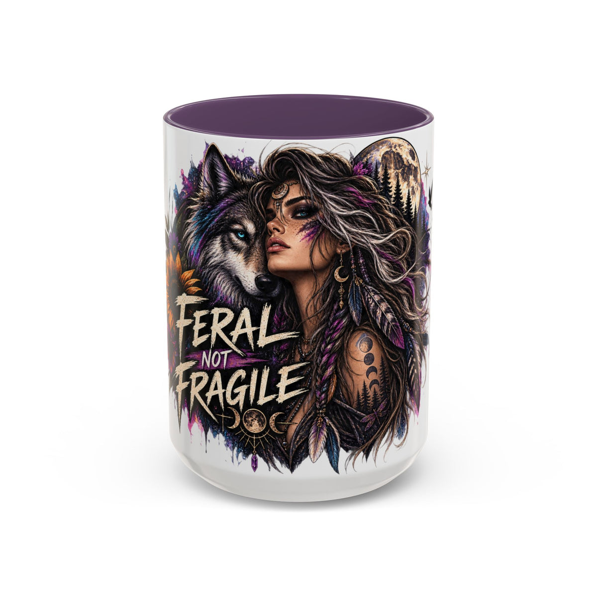 Feral Not Fragile Accent Coffee Mug — Wolf Goddess 11oz/15oz
