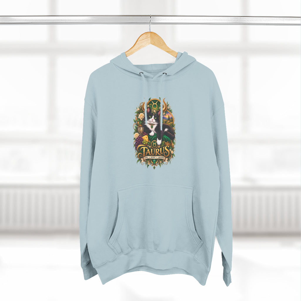Taurus Tuxedo Cat Zodiac Hoodie — Earthy Bull Constellation Graphic Fleece Pullover