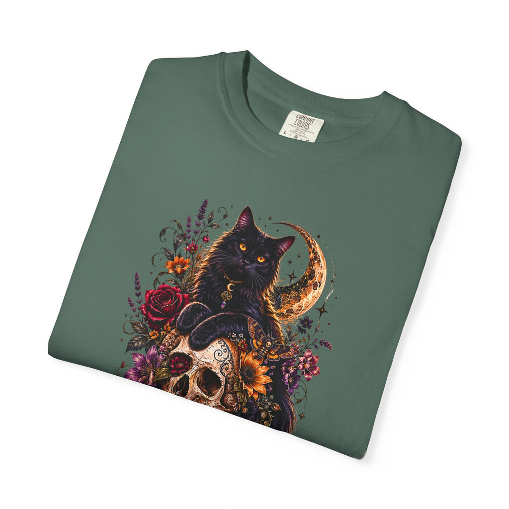 Cat & Skull Gothic T-Shirt — Black Cat Moon Floral Graphic Tee