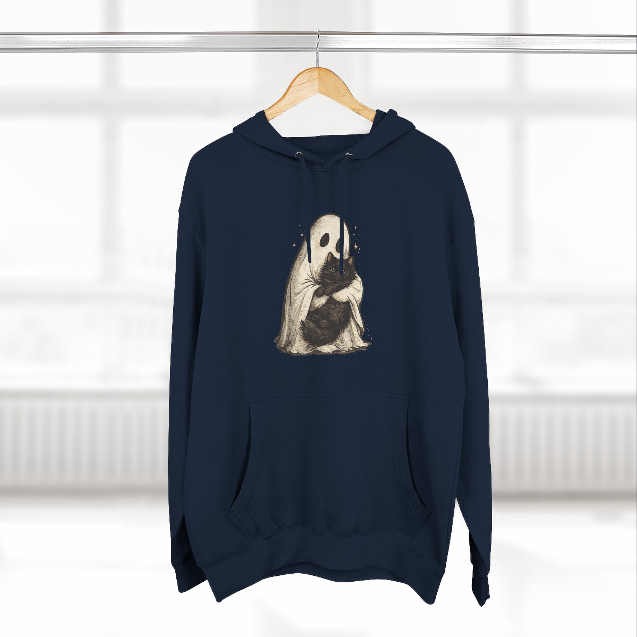 Ghost Hugging Black Cat Fleece Hoodie — Cute Ghost Hugging Black Cat Cozy Pullover