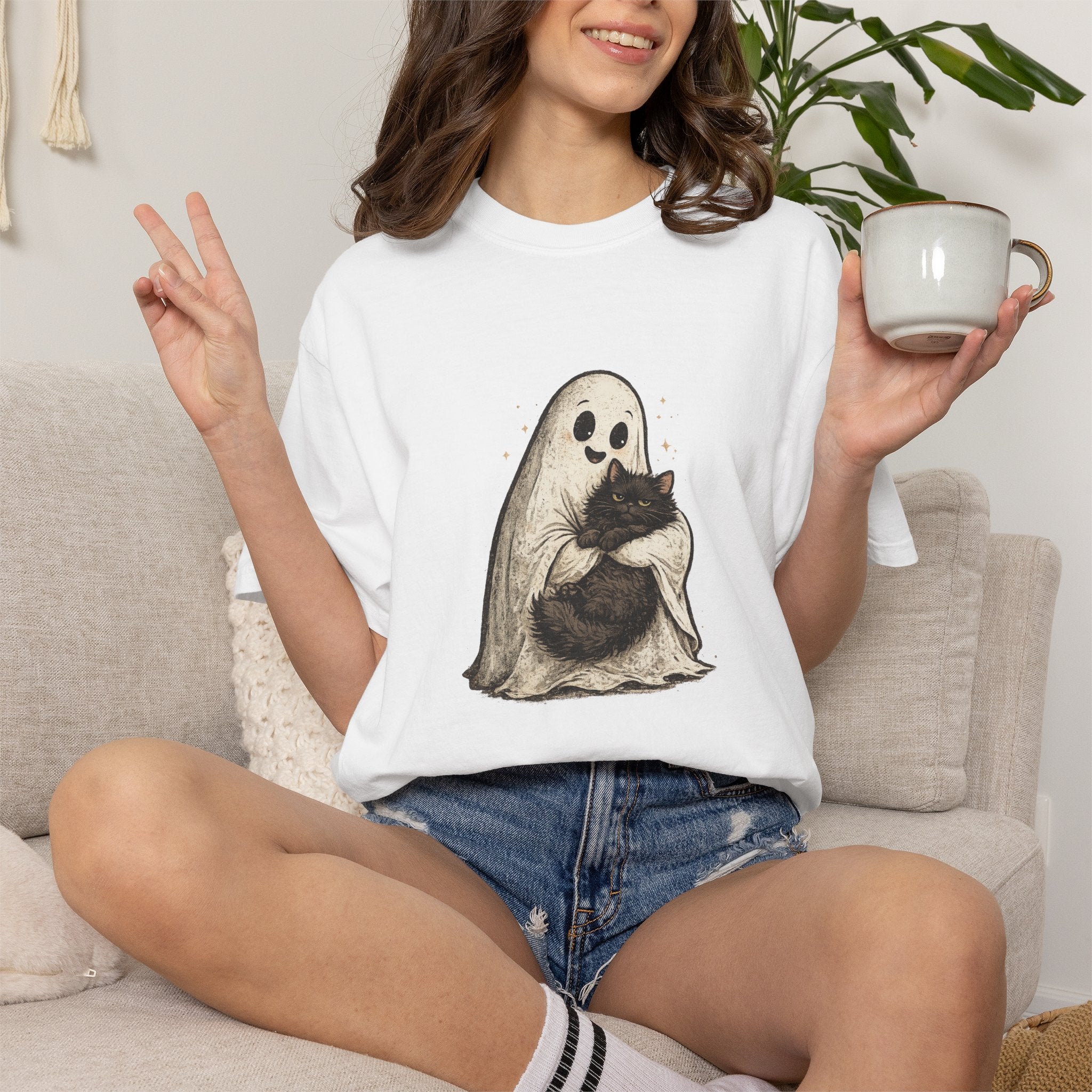 Boo & Meow Ghost Hugging Black Cat T-Shirt | Cute Spooky Tee