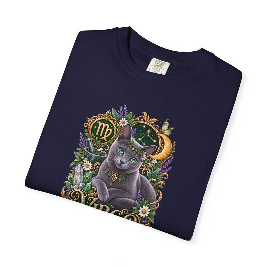 Virgo Cat Zodiac T-Shirt — Virgo Astrology Tee with Russian Blue & Floral Design