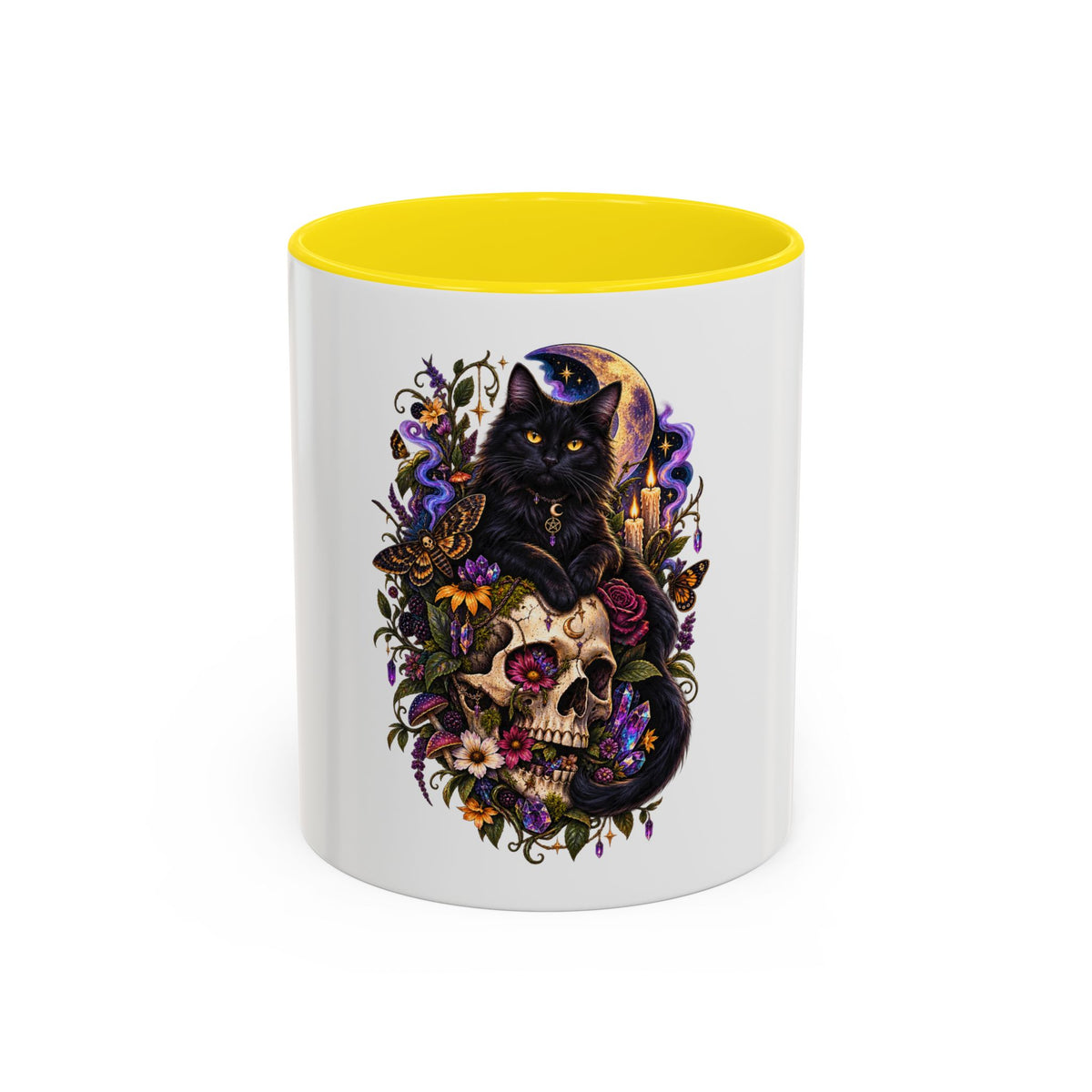 Black Cat & Skull Floral Accent Coffee Mug — Gothic Halloween Coffee Cup (11/15oz)