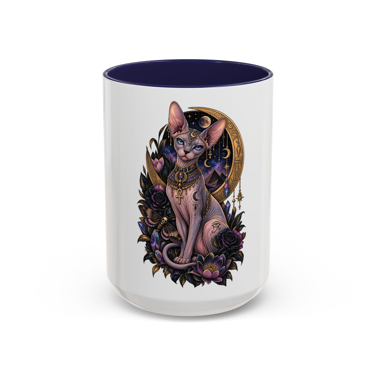 Mystic Sphynx Cat Coffee Mug — Magical Moon & Floral Accent (11/15 oz)